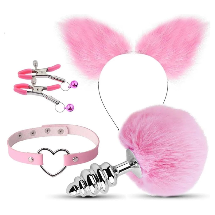 [43751044] Kit de pinzas, diadema, tapon anal, cuello para cosplay (Negro)