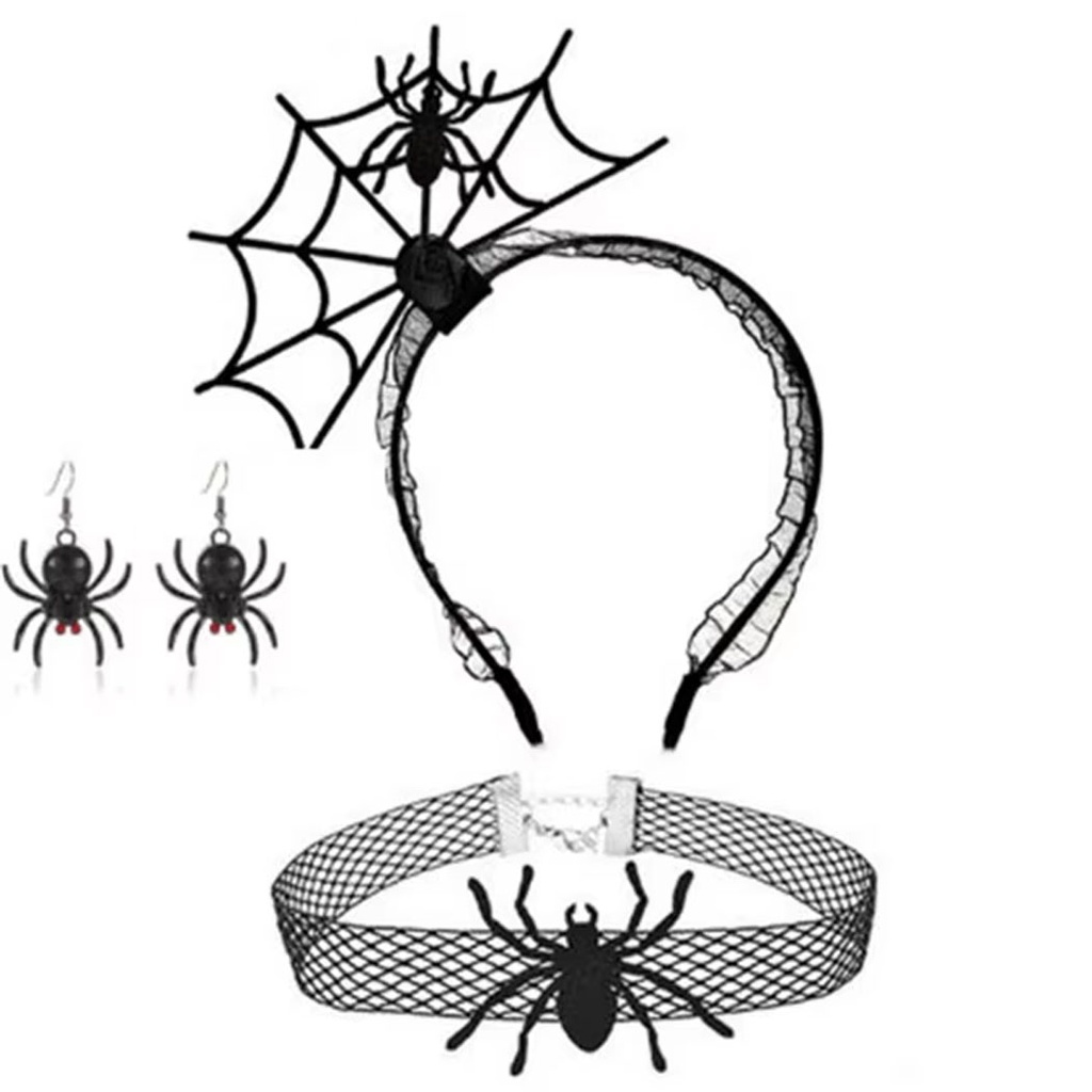 [40840143] Set con forma de telaraña, diadema, aritos, gargantilla para Halloween