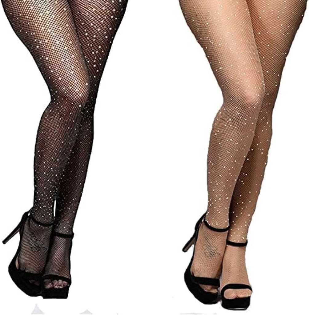 [317701140075] 1 pares medias de rejilla con decoracion de strass (Negro, S)