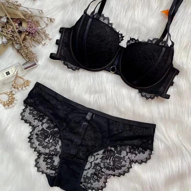 [317809060000] Panty de set de encaje lenceria sexy color negro (M)