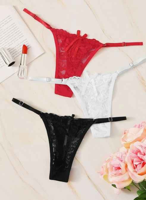 [318904080065] Classic Sexy Set de bragas tanga con encaje floral (Rojo, S)
