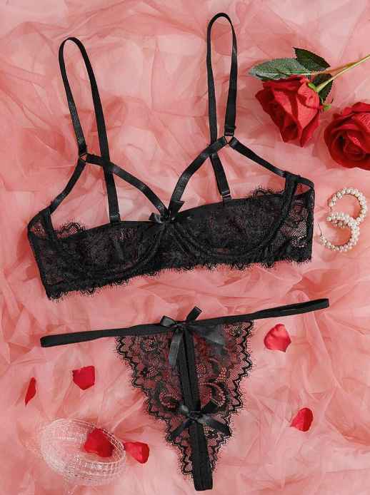 [318301090220] Classic Sexy Set de lencería con encaje floral con abertura con aro (S)
