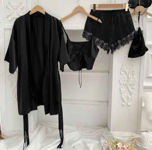 [323501370485] Conjunto de 3 piezas pijama de satin top y pantalones cortos color negro (S)