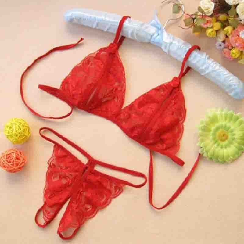 [321601260060] Conjunto lenceria sexy de dos piezas de encaje color rojo (One Size)
