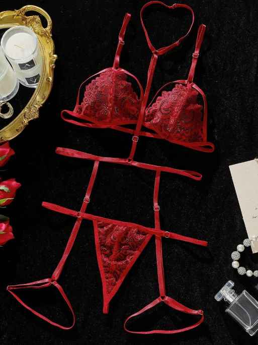 [318401140160] Exotic-Bondage Set de lencería con encaje floral con liga (S)