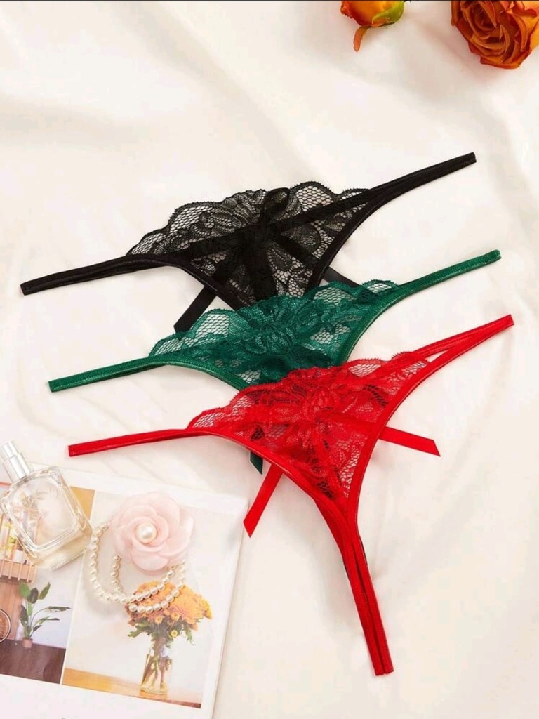 [314701040070] Tanga de encaje floral con chongo (Rojo, S)