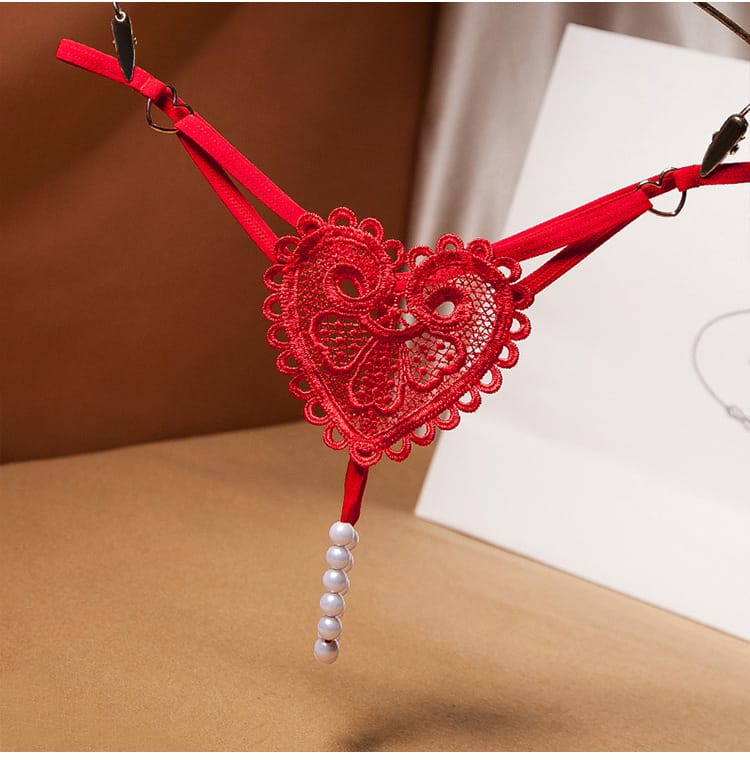 [321601270060] Lenceria sexy con perla en forma de corazon color rojo (S)