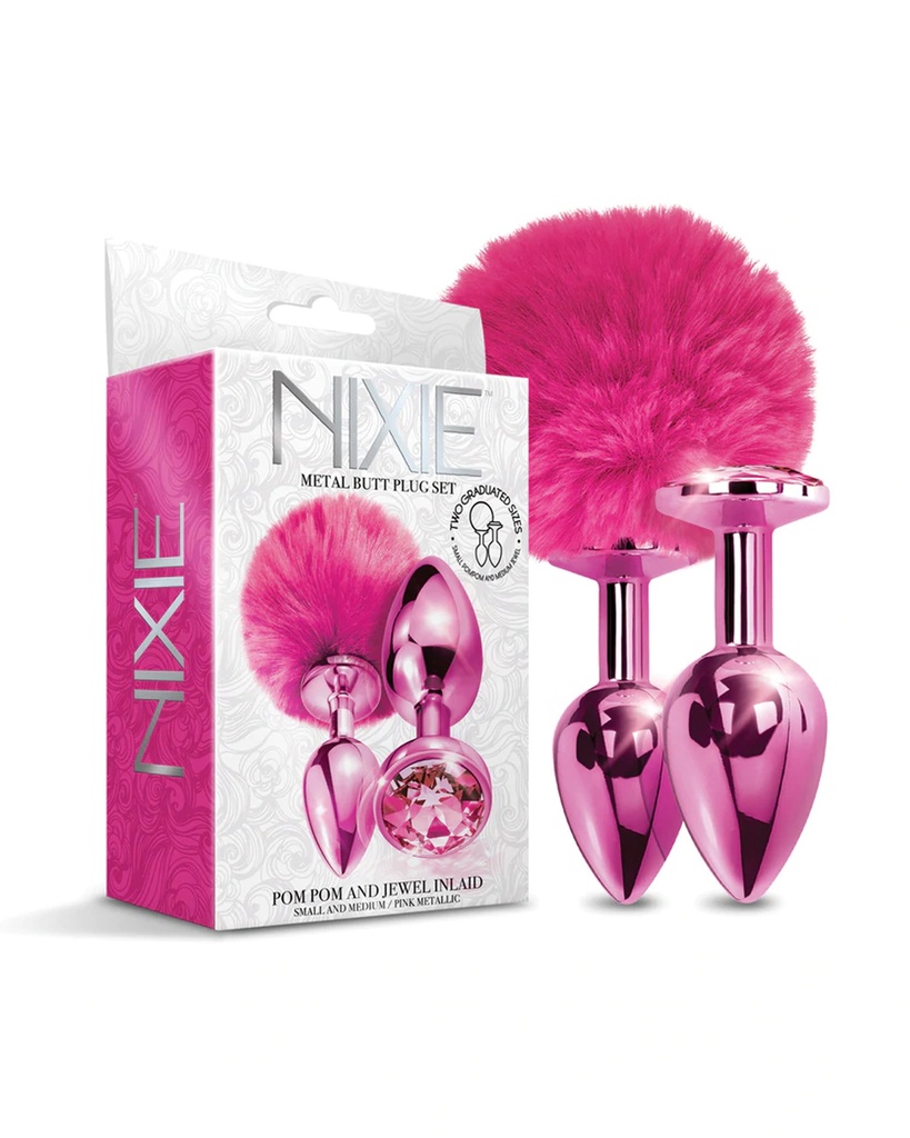 [850010096810] Nixie Metal Butt Plug Set w/Jewel Inlaid & Pom Pom - Pink Metallic