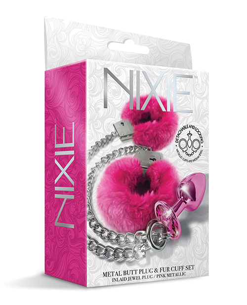 [850010096964] Nixie Metal Butt Plug w/Inlaid Jewel & Fur Cuff Set - Pink Metallic