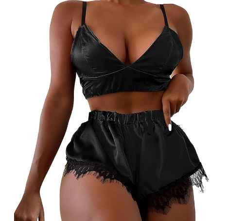 Pijama short de encaje color negro IY