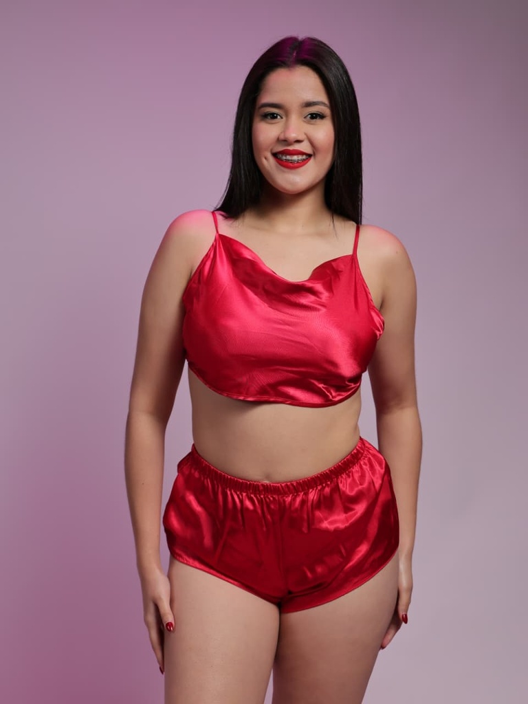 [321401080325] Pijama short liso color rojo de encaje (S)