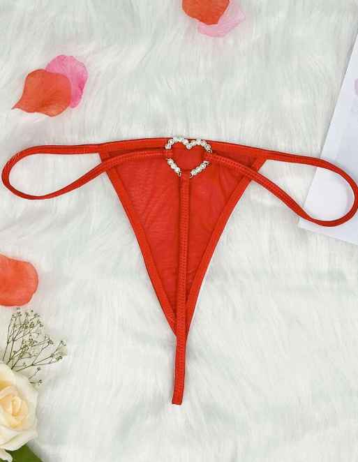 [318901060075] Tanga con diamante de imitación vinculado con aro de corazón de malla (S)