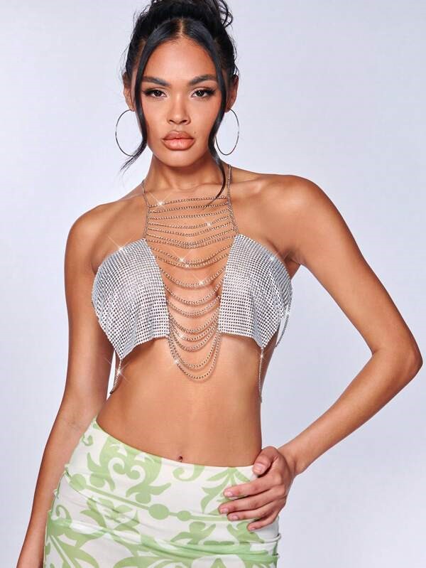 [317701170355] Top halter corto sin espalda con detalle de cadena (S)